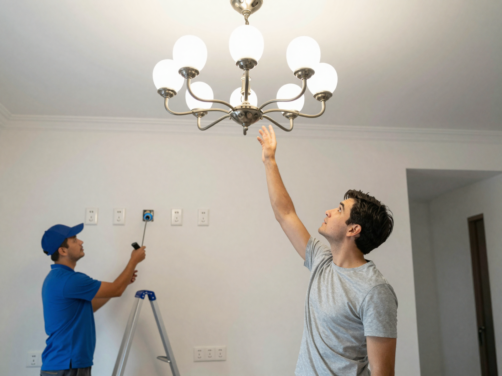 Electrician consulting with homeowner about electrical work